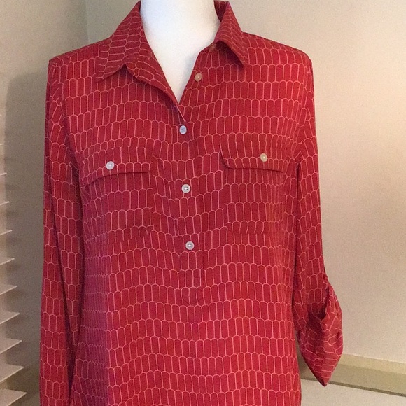 LOFT Tops - LOFT SILKY RED BLOUSE WITH ROLL UP CUFFS